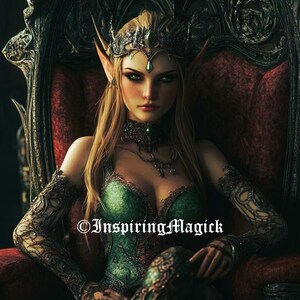 Puede incluir: Una elfa femenina con una corona y un vestido verde y dorado se sienta en un trono. Tiene orejas puntiagudas y cabello largo y rubio. El trono es ornamentado y tiene un cojín rojo. La imagen se titula "Inspiring Magick".