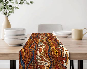 African Tribal Wave Tischläufer | Ethnische Safari-Muster-Tischdecke | Boho Bunt Tabletop Dekor | Lebendiges Tier Design Küchendekor
