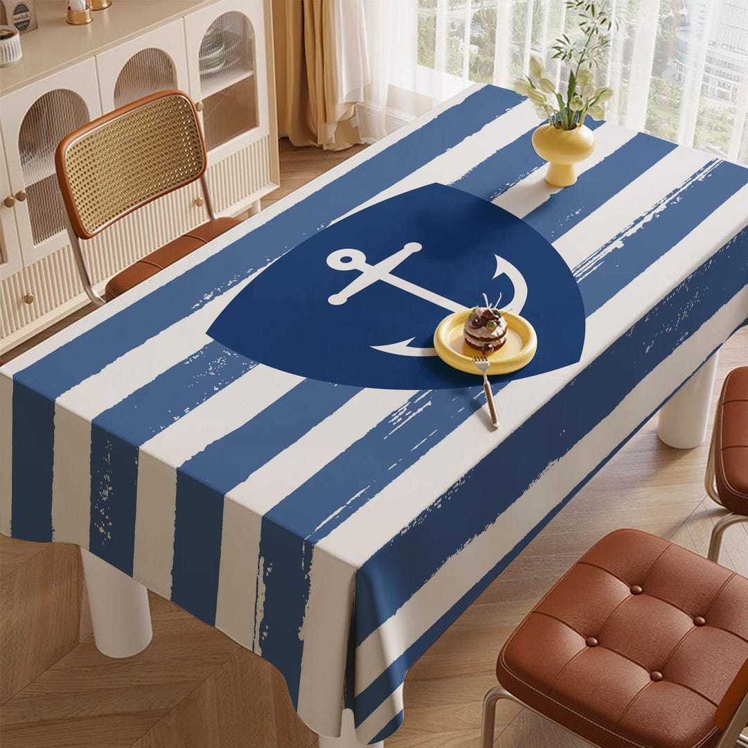 Nautical Tablecloth | Anchor Compass Sailboat Rope Pattern Coastal ...