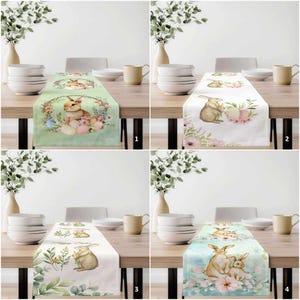 Puede incluir: Cuatro caminos de mesa con temática de Pascua con diseños de conejos y flores. Cada camino de mesa presenta un esquema de color diferente: verde, blanco, verde claro y azul. Los caminos de mesa rectangulares están sobre una mesa de madera.