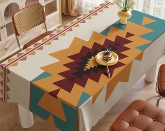Rug Design Tabletop | Southwestern Kitchen Decor | Terracotta Tablecloth | Rustic Home Decor | Farmhouse Style Gift | Geometric Decor