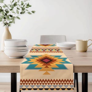 Navajo-inspirerad löpare | Bordslöpare med matta | Geometrisk aztekisk bordsskiva | Bordsskiva med lantlig tribal stil | Köksinredning i sydvästlig stil
