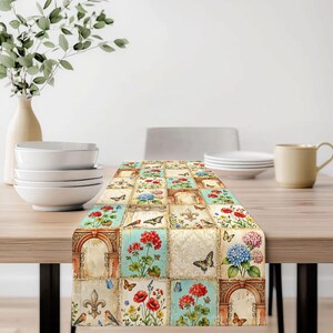 French Retro Floral Table Runner | Botanical Patchwork Spring Table Runner | Summer Table Centerpiece | Farmhouse Rustic Kitchen Decor
