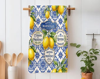 Franse retro handdoek citroenprint | Theedoek met verse citrusvruchten | Theedoek met tegelpatroon | Milieuvriendelijke doek | Voordelige reinigingsdoek
