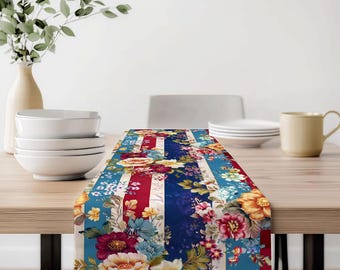 Gestreepte tafelloper met bloemen | Rustiek Cottagecore-eetkamerdecor | Middenstuk zomertafel | Boerderij tafelblad | Gezellige keukeninrichting