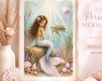 Personalised Mermaid Print | Custom Mermaid Wall Art | Ocean Bedroom Decor for Kids