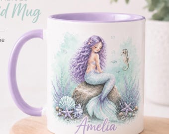 Personalised Mermaid Mug with Name | Pink Mint Lavender Ceramic Cup
