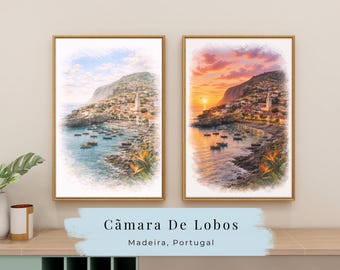 Madeira Portugal Print | Câmara de Lobos Watercolour Artwork | Coastal Travel Gift