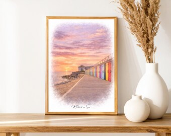 Milford on Sea Watercolour Print | Beach Huts Sunset Seaside Art (A4)