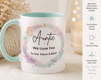 Personalised Auntie Mug | Custom Watercolour Portrait, Children's Names Keepsake Cup