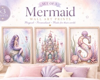 Pastel Mermaid Wall Art Prints | Personalised Magical Girls Room Decor (Set of 3)