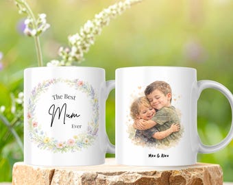 Personalised Mum Mug | Custom Watercolour Portrait, Children's Names Keepsake Cup