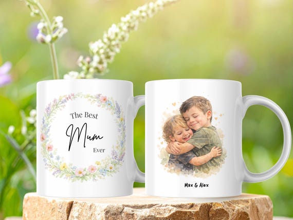 Personalised Mum Mug | Custom Watercolour Portrait, Children's Names Keepsake Cup