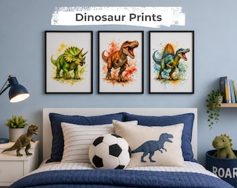 Dinosaur Wall Art Set | Dinosaur Prints | Kids Bedroom Decor | Watercolour Artwork | A4