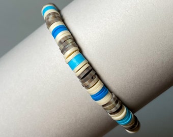 Heishi Clay Bead Handmade One-of-a-kind Bracelet | Blue | Neutral | White | Stretchy | 7 in.