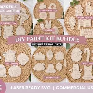 May include: A DIY paint kit bundle featuring 39 laser-ready wooden cutout designs for seven holidays including Valentine's Day, St. Patrick's Day, Easter, Fourth of July, Halloween, Thanksgiving, and Christmas, presented as an SVG digital file.