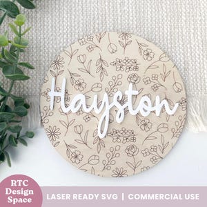 floral name sign svg laser ready round nursery wall decor personalized baby name cut file