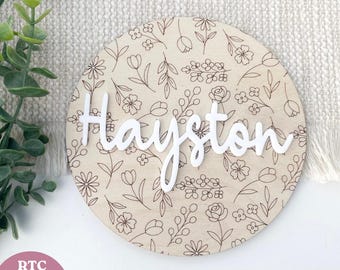floral name sign svg laser ready round nursery wall decor personalized baby name cut file