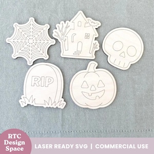 Halloween kids paint craft SVG bundle laser cut files DIY wood shapes for Glowforge pumpkin ghost skull spiderweb tombstone