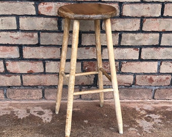 Vintage Rustic Wood Stool, 25" Farm House Stool, Stool Plant Stand, Round Seat Stool, Counter Height Farm Stool, Cottage Kitchen Stool