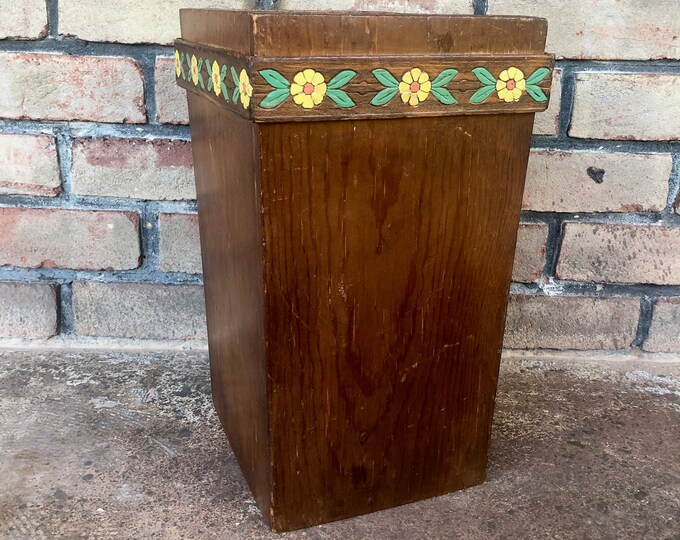 Vintage Wooden Garbage Can, Painted Daisy Waste Can, Small Wood Trash ...