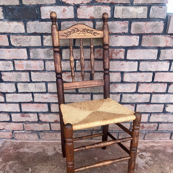 Vintage Rush Seat Chair with Spindle Back, French Farm House Chair with Woven Seat, Rustic Boho Chair, French Country Chair, Rattan Seat