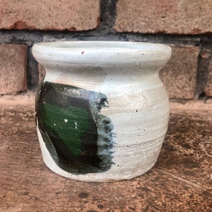 Vintage Studio Pottery Small Pot, Abstract Studio Pottery Small Bowl, Green and Black on Grey Small Pottery Dish, Pottery Display Short Vase image 3