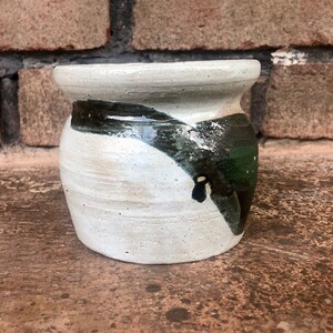 Vintage Studio Pottery Small Pot, Abstract Studio Pottery Small Bowl, Green and Black on Grey Small Pottery Dish, Pottery Display Short Vase image 4