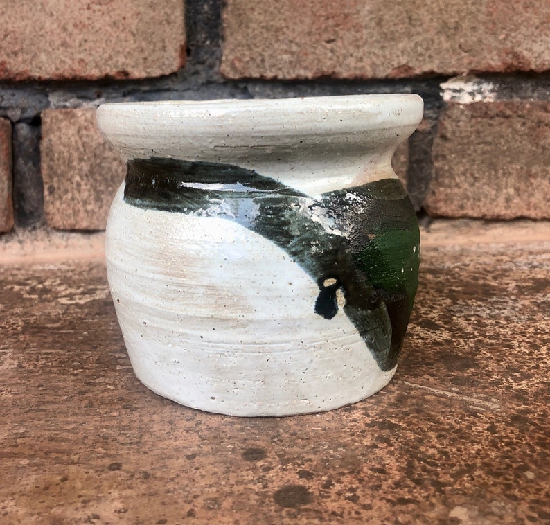 Vintage Studio Pottery Small Pot, Abstract Studio Pottery Small Bowl, Green and Black on Grey Small Pottery Dish, Pottery Display Short Vase image 4