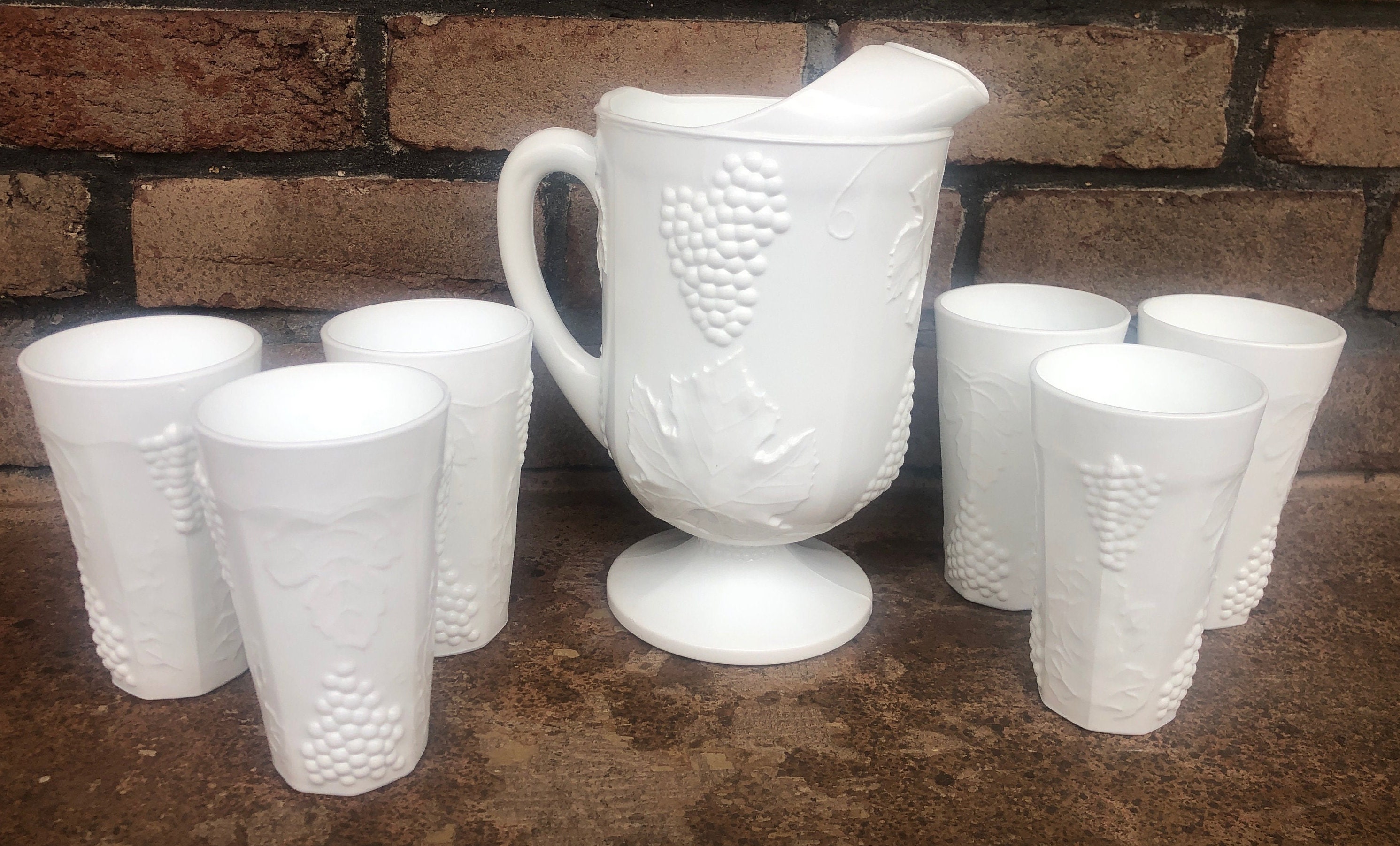 Vintage Milk Glass Pitcher and Glasses Golden Harvest Colony Etsy