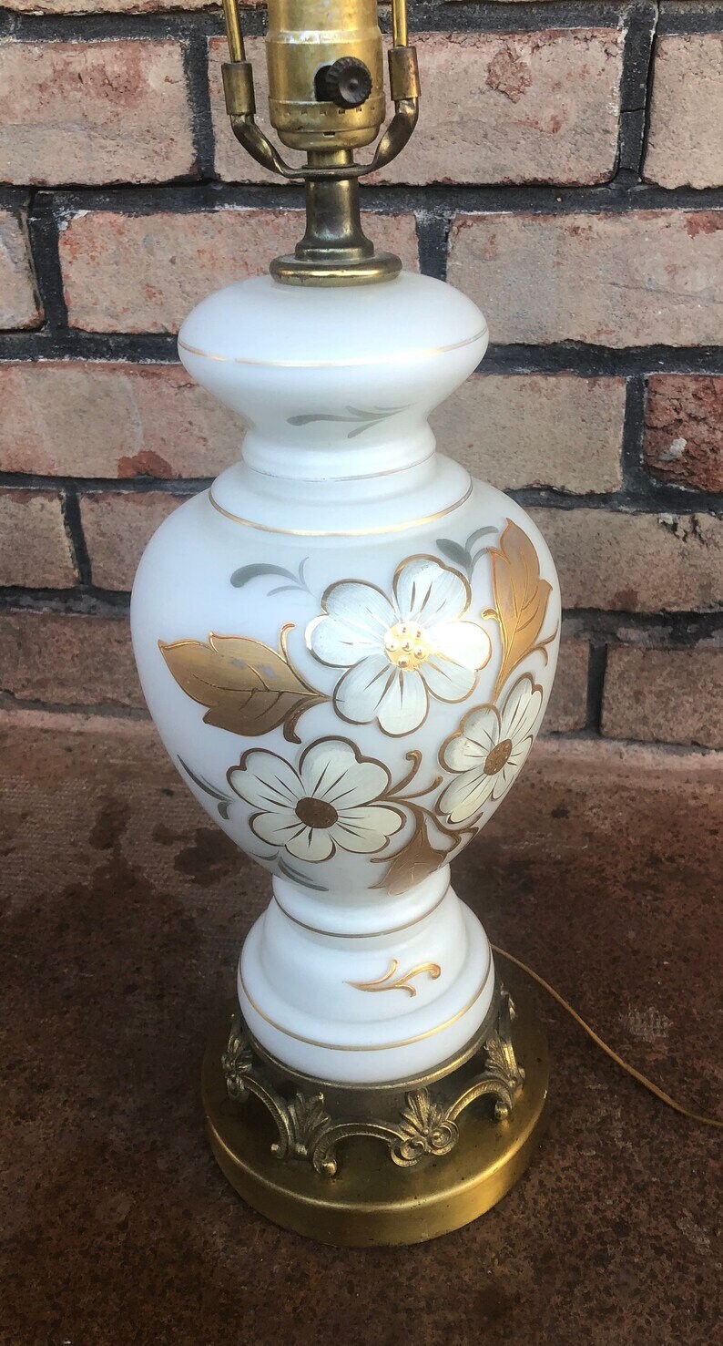 Vintage Table Lamp Hand Painted Light Gold and White Floral Etsy