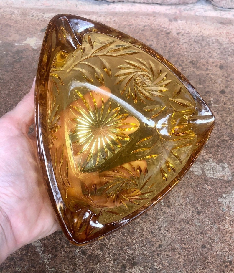 Vintage Yellow Glass Ashtray Cut Glass Ash Tray Mid Century Etsy
