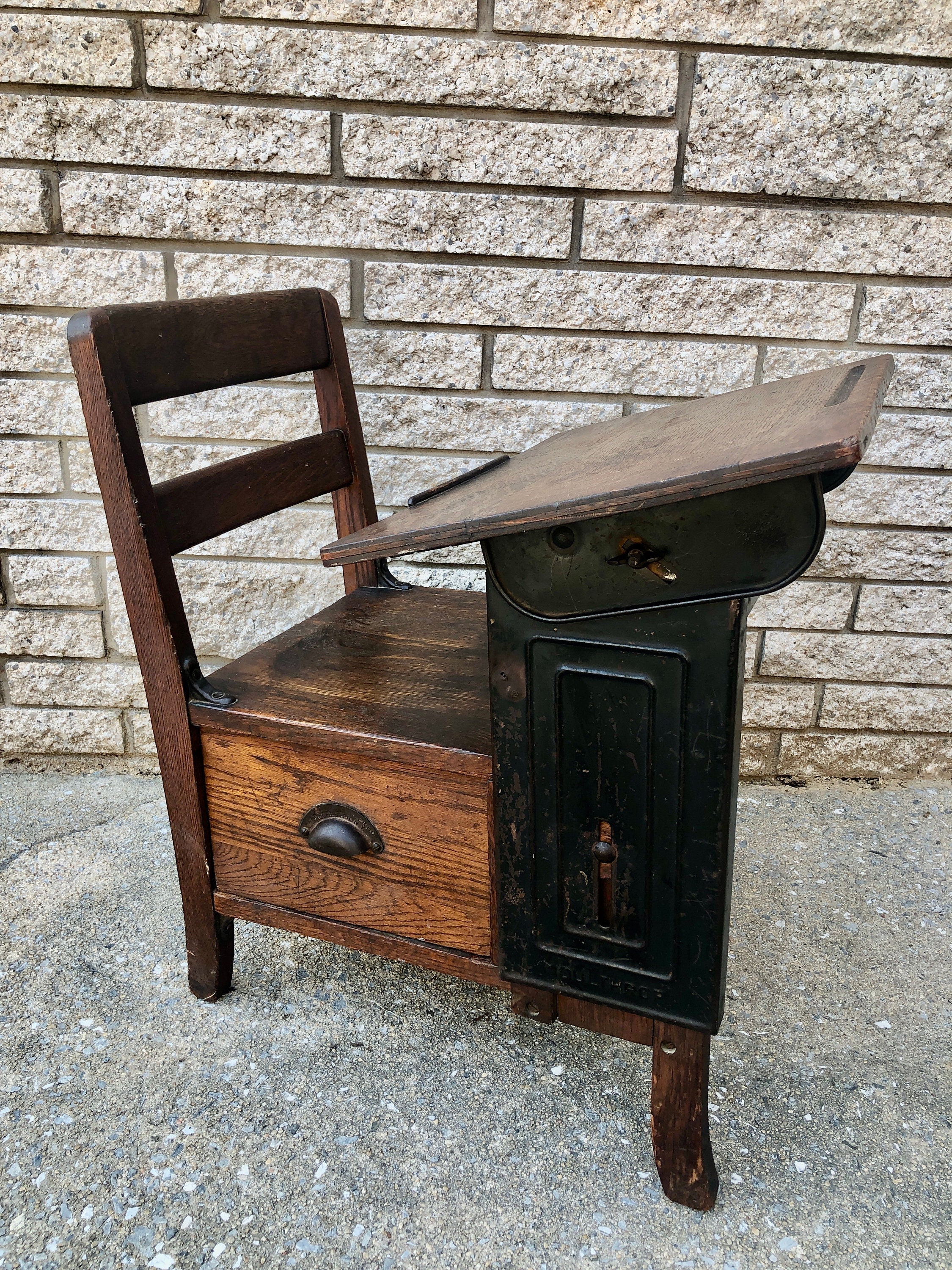 Vintage School Desk Wood School Desk Primitive Desk Children s Desk Adjustable Desk Top Oak Student Desk Rustic Desk Desk with Drawer