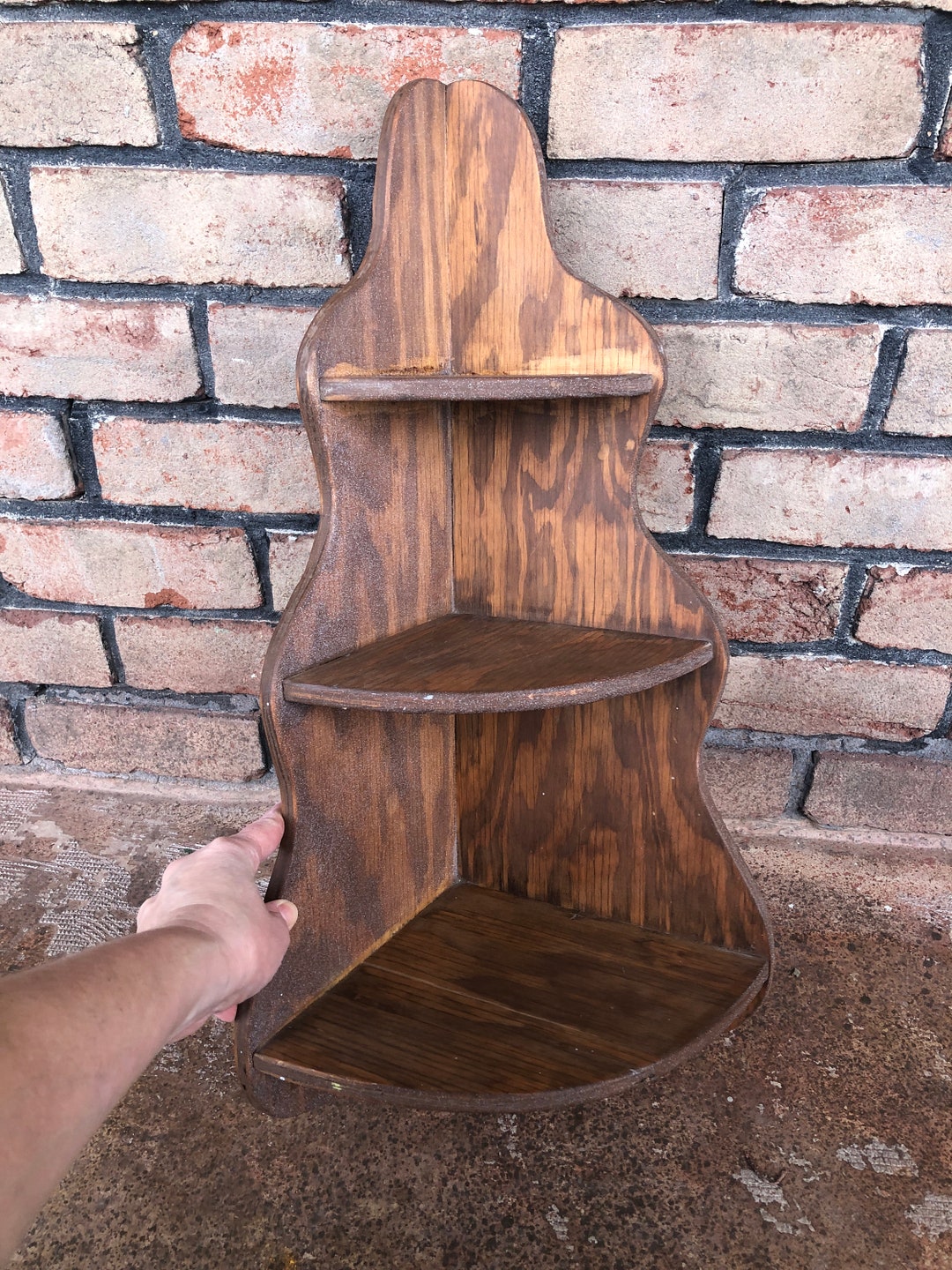 Vintage Large Wood Corner Wall Shelf, Decorative Shelf, Three Tiered