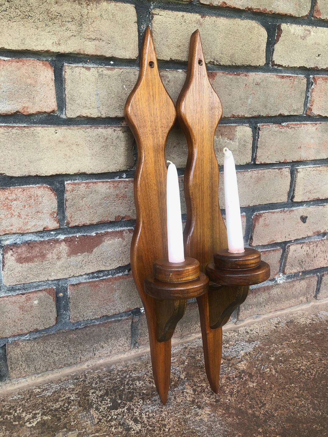Vintage Curvy Wall Candle Sconces, Set Wood Wall Candleholders, Cottage ...