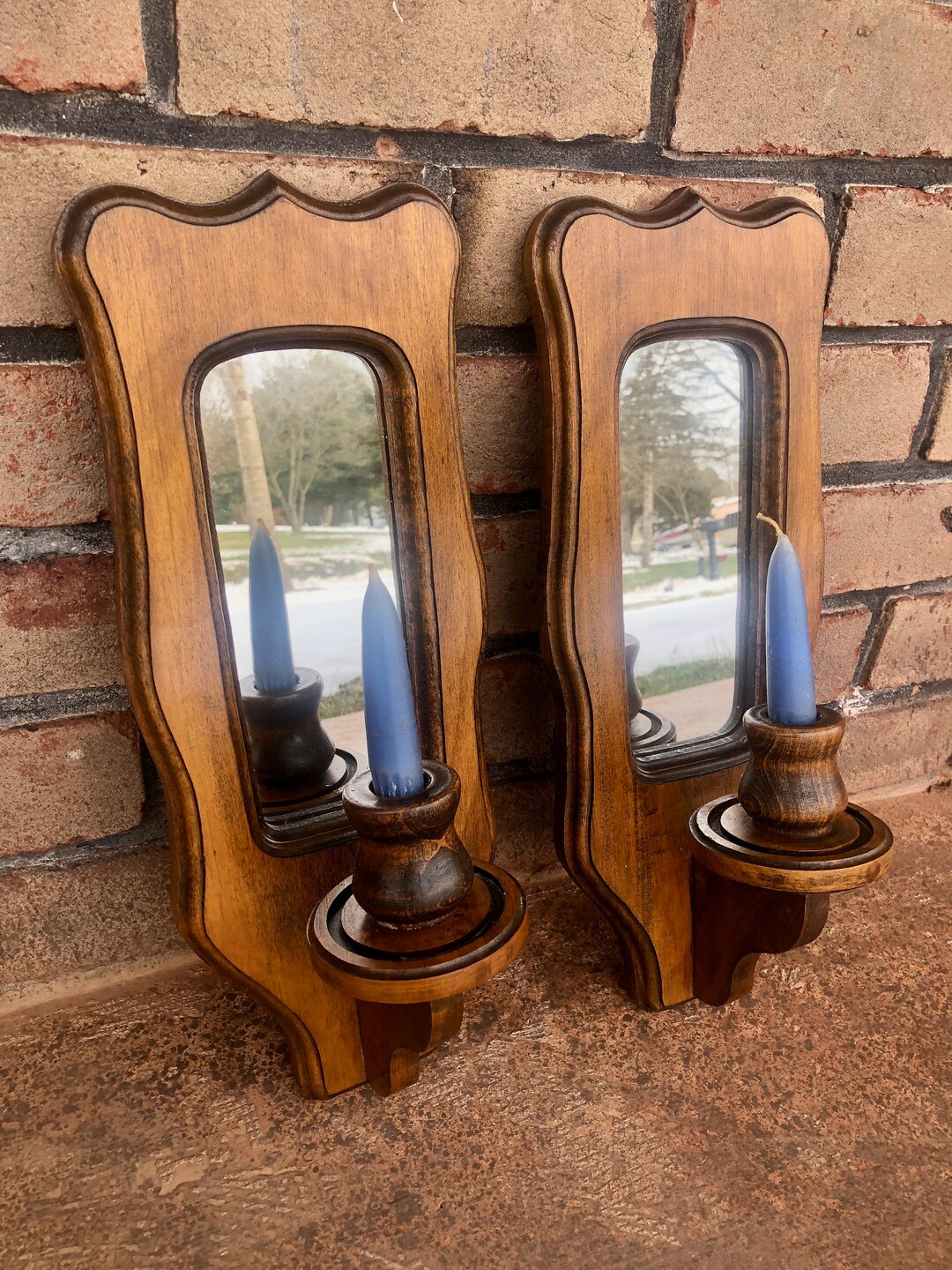 Vintage Wood Wall Candle Sconces, Mirrored Wood Wall Candleholders ...