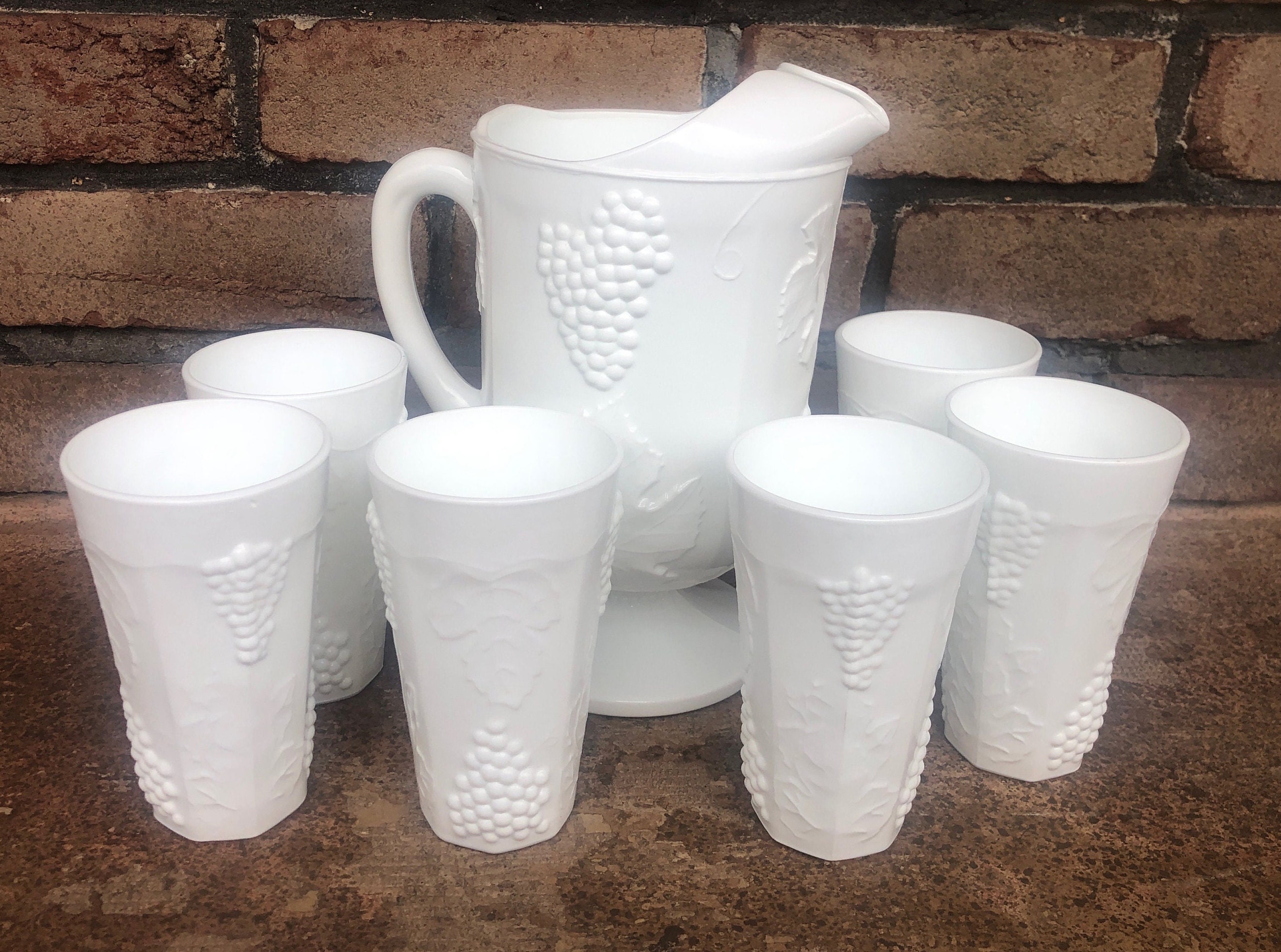 Vintage Milk Glass Pitcher and Glasses Golden Harvest Colony Etsy
