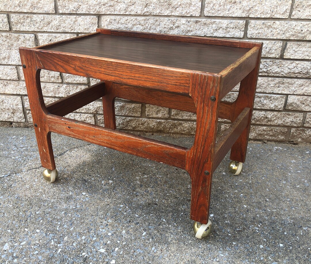 Vintage Wood Side Table With Wheels, Vintage Wood Table With Casters