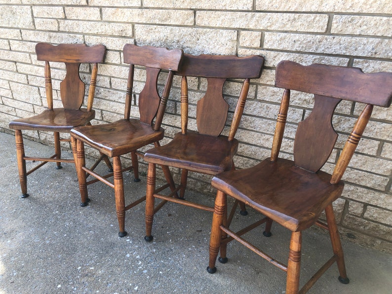 Antique Plank Seat Wood Dining Chairs Fiddleback Chairs Set Etsy