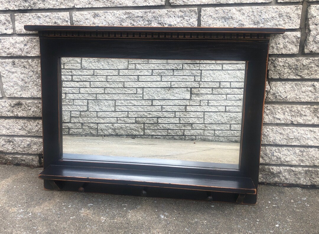 Vintage Black Wood Mirror Painted Black Mirror Rustic Black Etsy