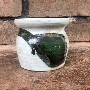 Vintage Studio Pottery Small Pot, Abstract Studio Pottery Small Bowl, Green and Black on Grey Small Pottery Dish, Pottery Display Short Vase image 2