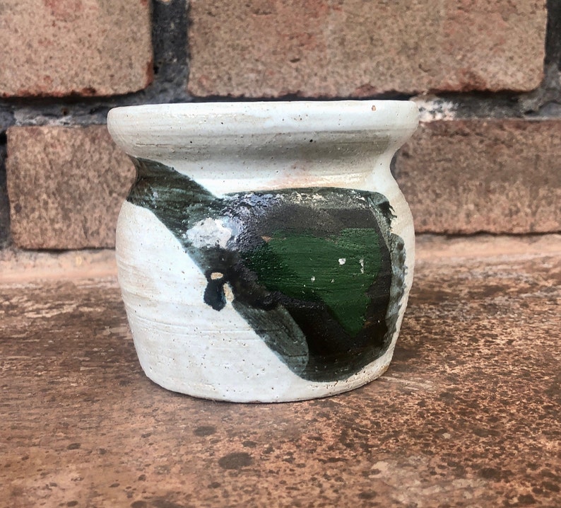 Vintage Studio Pottery Small Pot, Abstract Studio Pottery Small Bowl, Green and Black on Grey Small Pottery Dish, Pottery Display Short Vase image 2