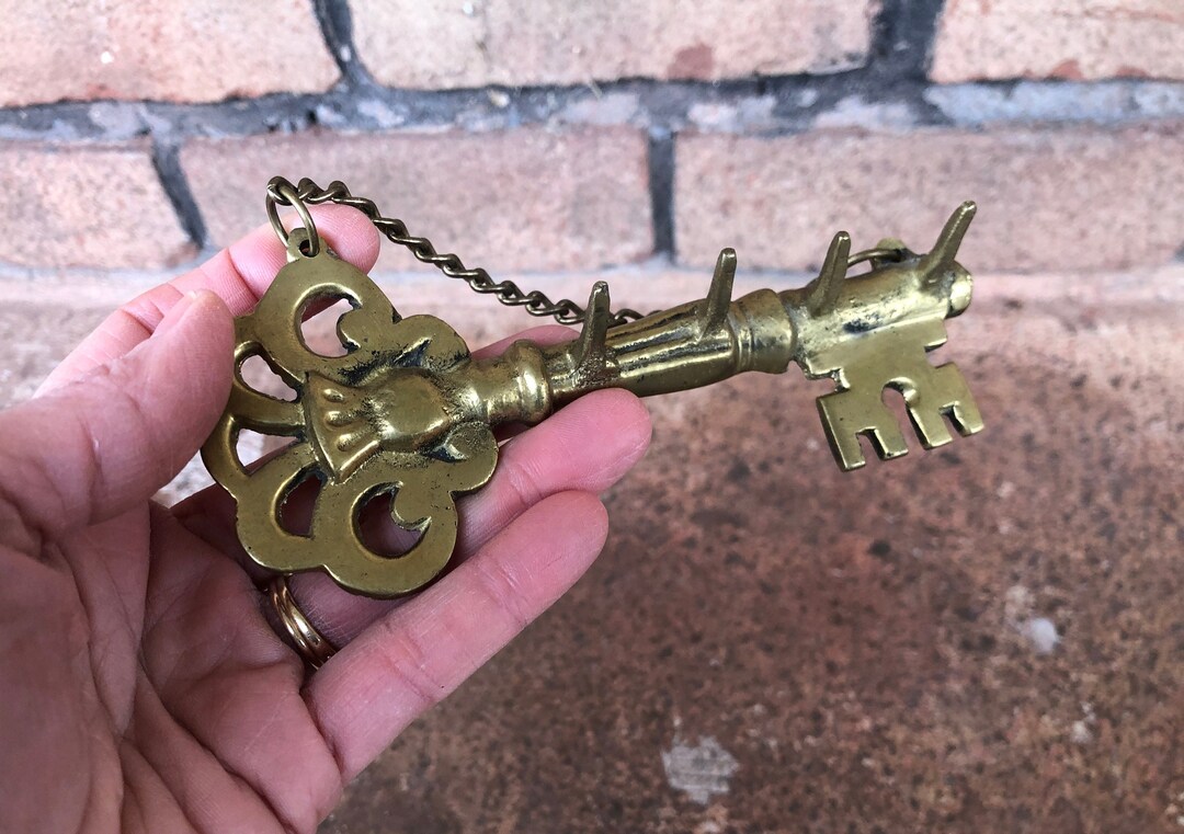 Vintage Brass Key, Key Shaped Key Holder, Entryway Key Storage, Brass