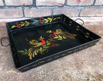 Vintage Hand Painted Tray, Decorative Black Square Tray, Distelfink Art, Folk Art, Display Tray, Large Square Tray, Tole Painted Bird Tray