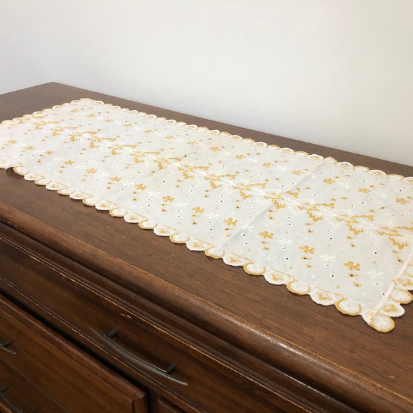 Vintage White and Yellow Embroidered Table Runner, Floral Embroidered Runner, Vintage White Eyelet Table Runner, Yellow Needlepoint Runner