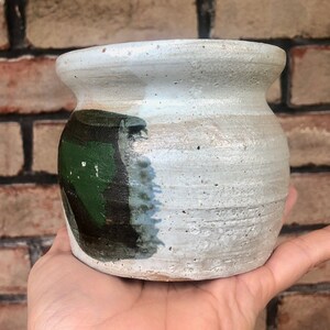 Vintage Studio Pottery Small Pot, Abstract Studio Pottery Small Bowl, Green and Black on Grey Small Pottery Dish, Pottery Display Short Vase image 6