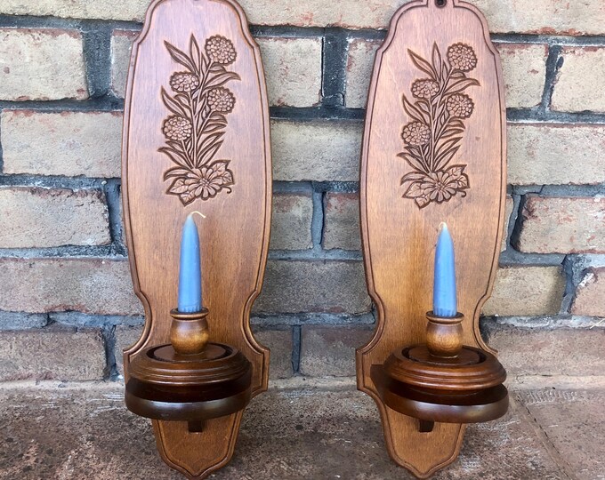 Vintage Wood Wall Candle Sconces, Engraved Floral Wall Candleholders, Cottage Core Wall Decor ...