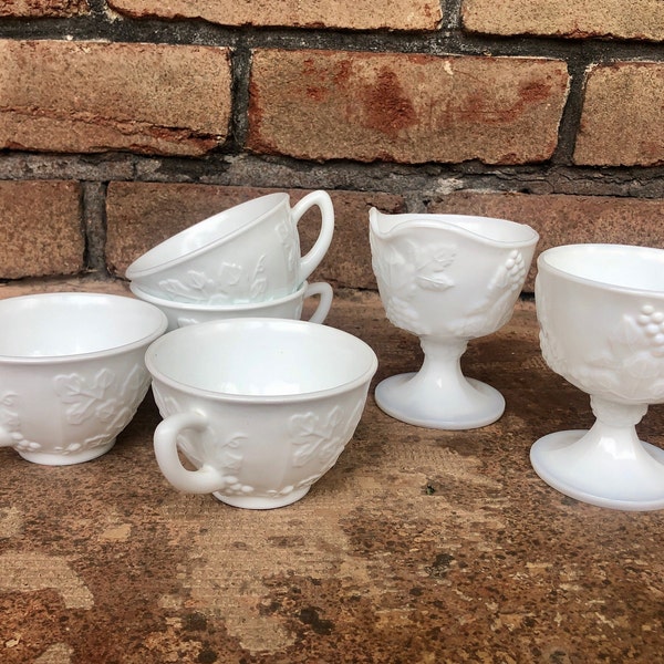 Indiana Glass Cream and Sugar, Set of 4 Tea Cups, Coffee Set, Vintage White Tea Set, Milk Glass, Harvest Grape Pattern, Grapes, Leaves