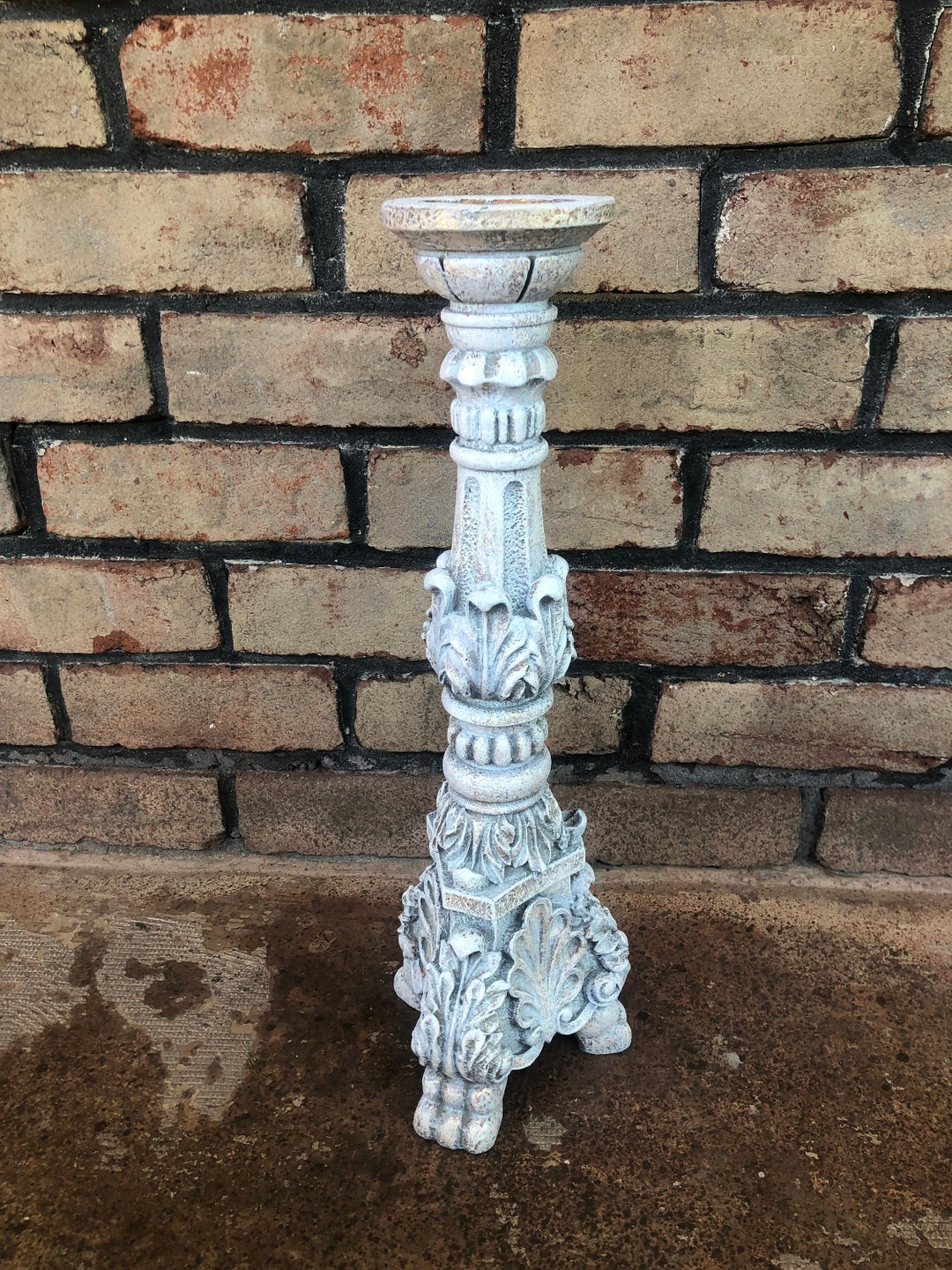 Gold Whitewash Candlestick Ornate Candle Holder Pillar Etsy