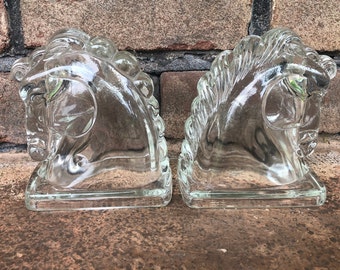 Vintage Glass Horse Head Bookends, Horse Bookends, Glass Bookends, Horse Decor, Stallion Bookends